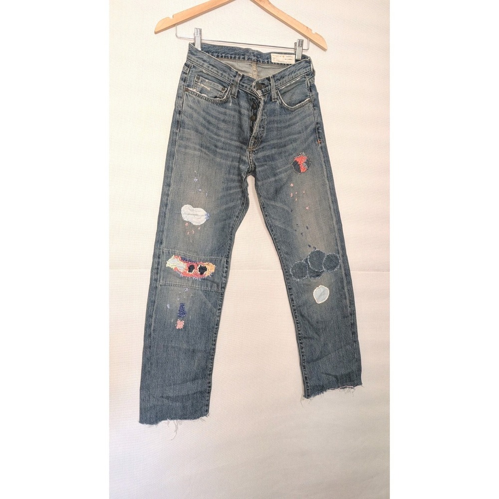 imogene + willie Ann Jeans Custom Patched Raw Hem Rigid Denim USA Made Sz 25